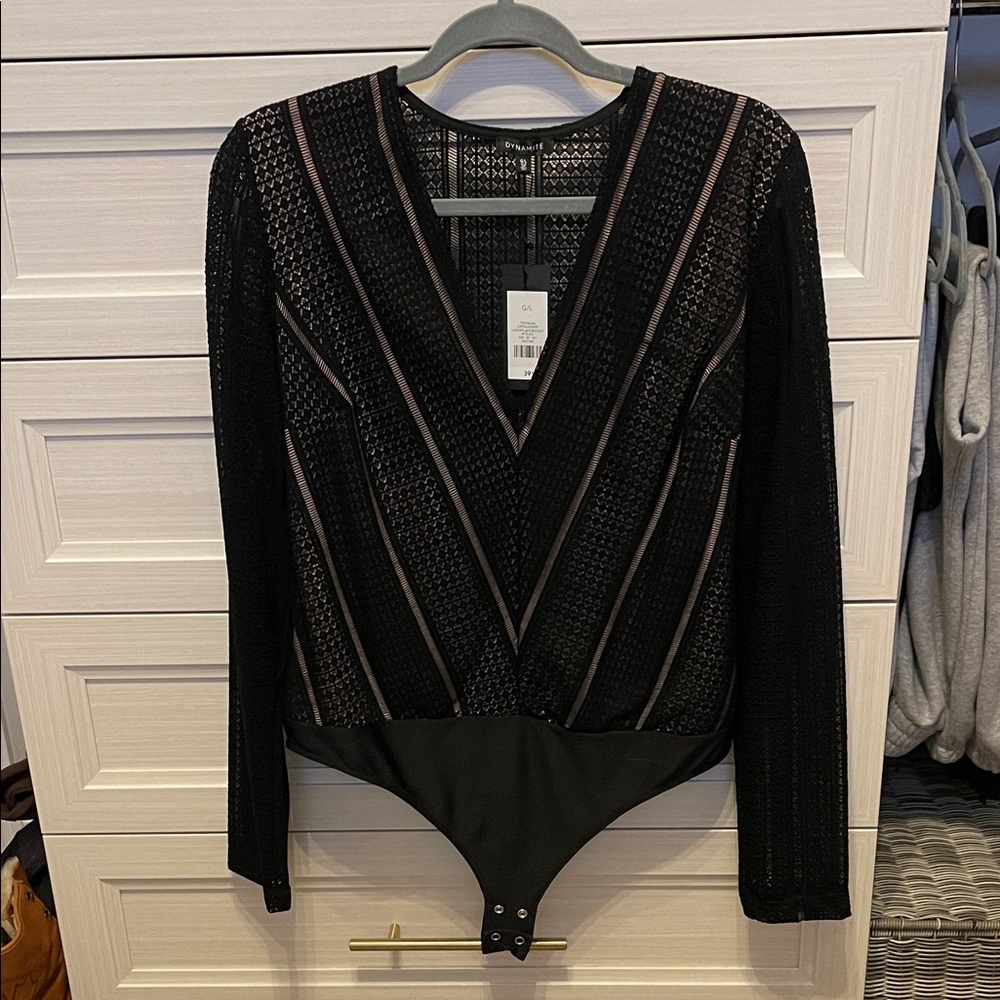 Dynamite Black Lace V-Neck Bodysuit with Pink Trim